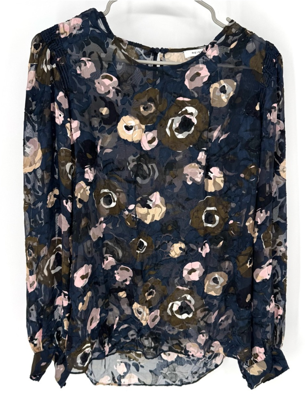 Reiss Floral Sheer Long-Sleeve Blouse in Black and Olive - Picture 2 of 7